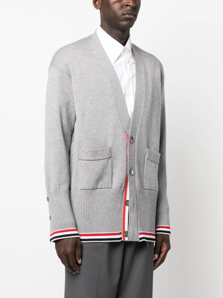 Thom-Browne-Jersey-Stitch-Exaggerated-V-Neck-Cardigan-Light-Grey-3