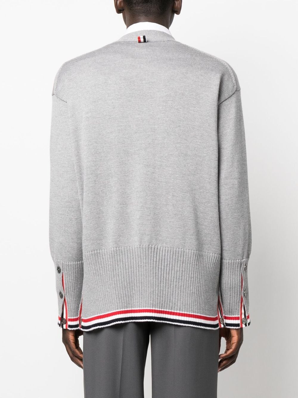 Thom-Browne-Jersey-Stitch-Exaggerated-V-Neck-Cardigan-Light-Grey-4