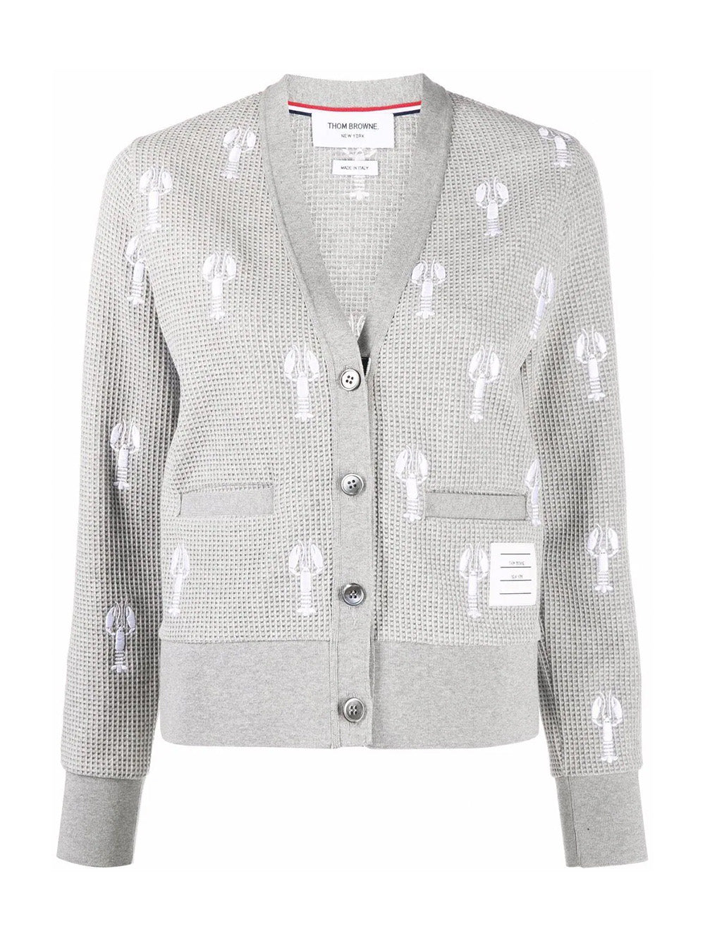     Thom-Browne-Vneck-Cardigan-With-Satin-Stitch-Light-Grey-1