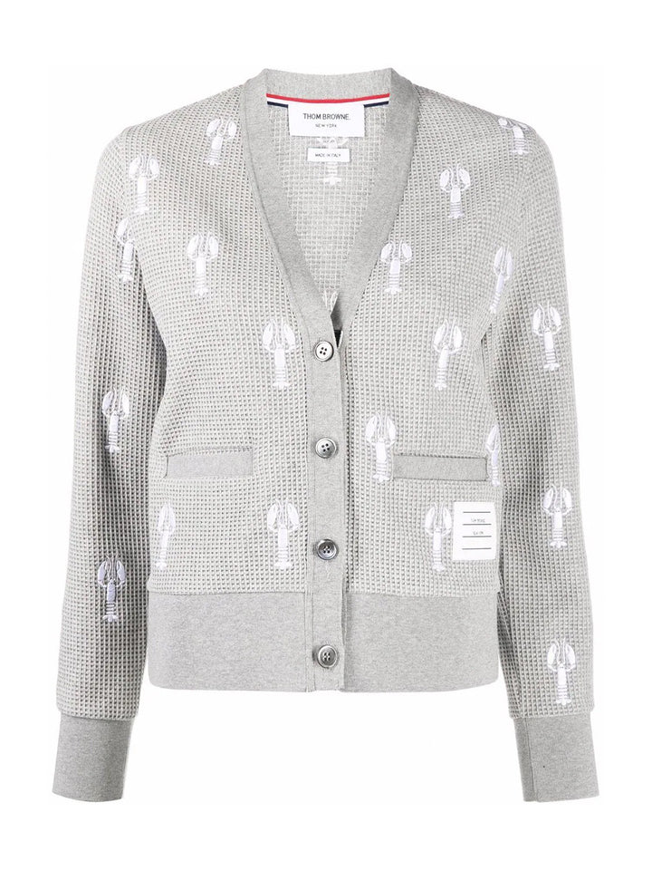     Thom-Browne-Vneck-Cardigan-With-Satin-Stitch-Light-Grey-1