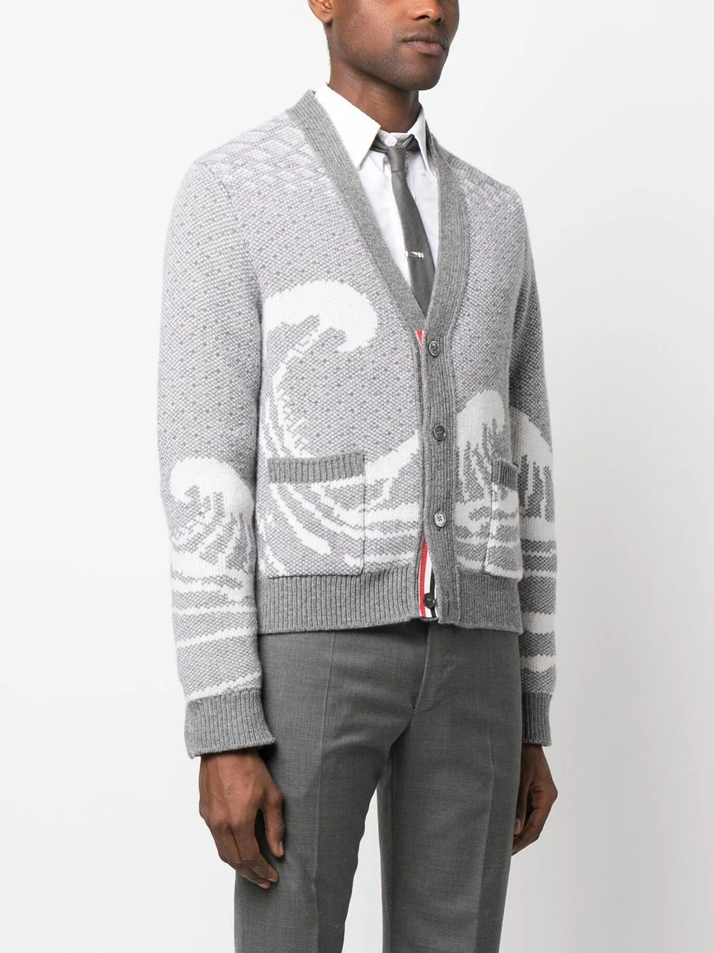 Thom-Browne-Wave-Fair-Isle-Jacquard-V-Neck-Cardigan-Light-Grey-3