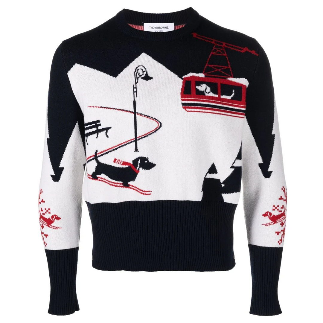 Holiday Hector Skiing Scenery Jacquard Classic Crew Neck Pullover