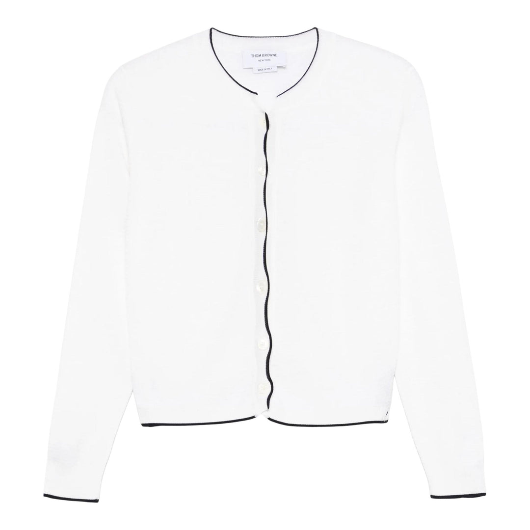 Club21 - Thom Browne - Wool Crepe 4-Bar Crew Neck Cardigan Women - CARDIGANS - White