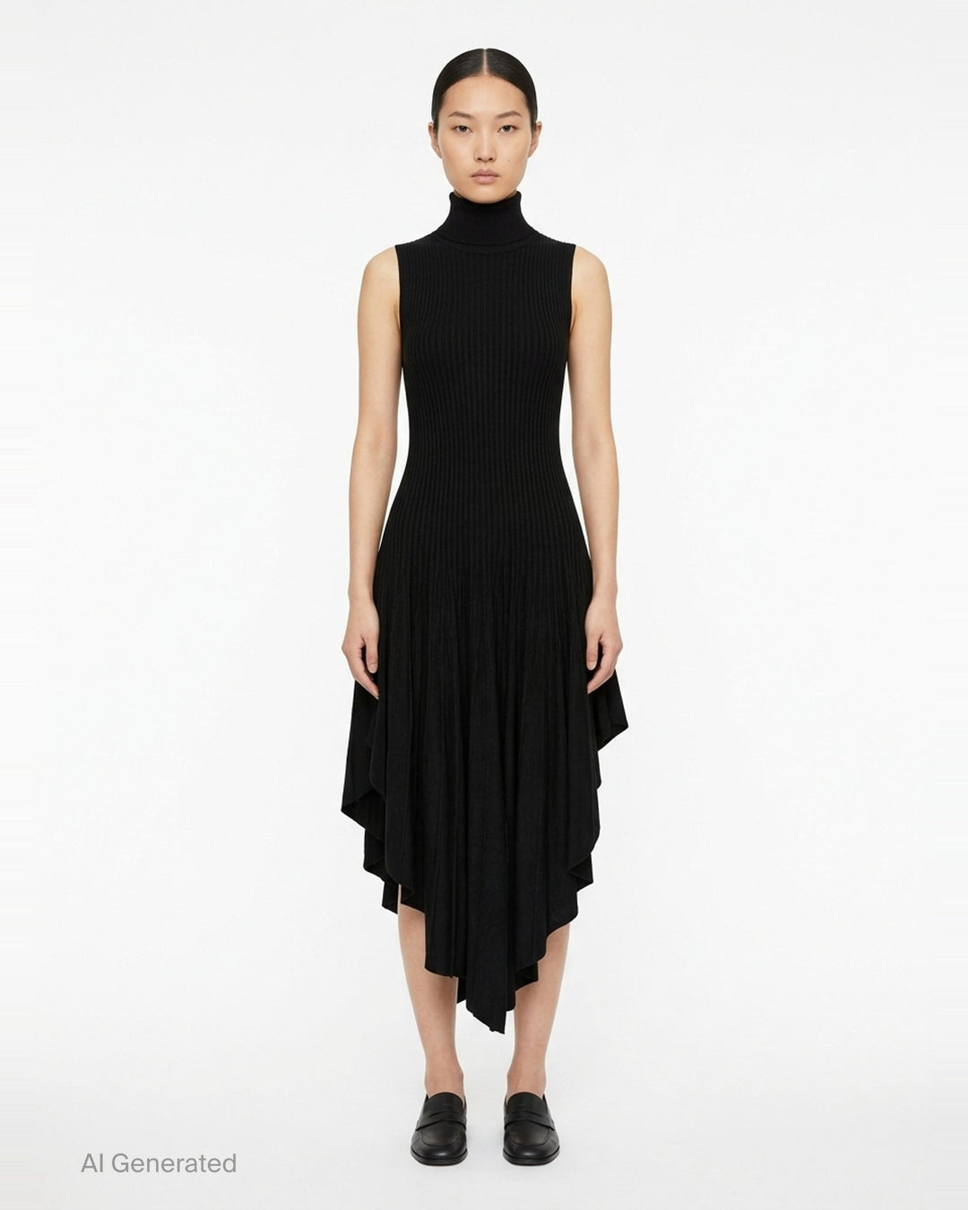 Alaïa black 3D sculpting ribbed knit turtleneck dress with asymmetric pleated handkerchief hem, front view on white background - front