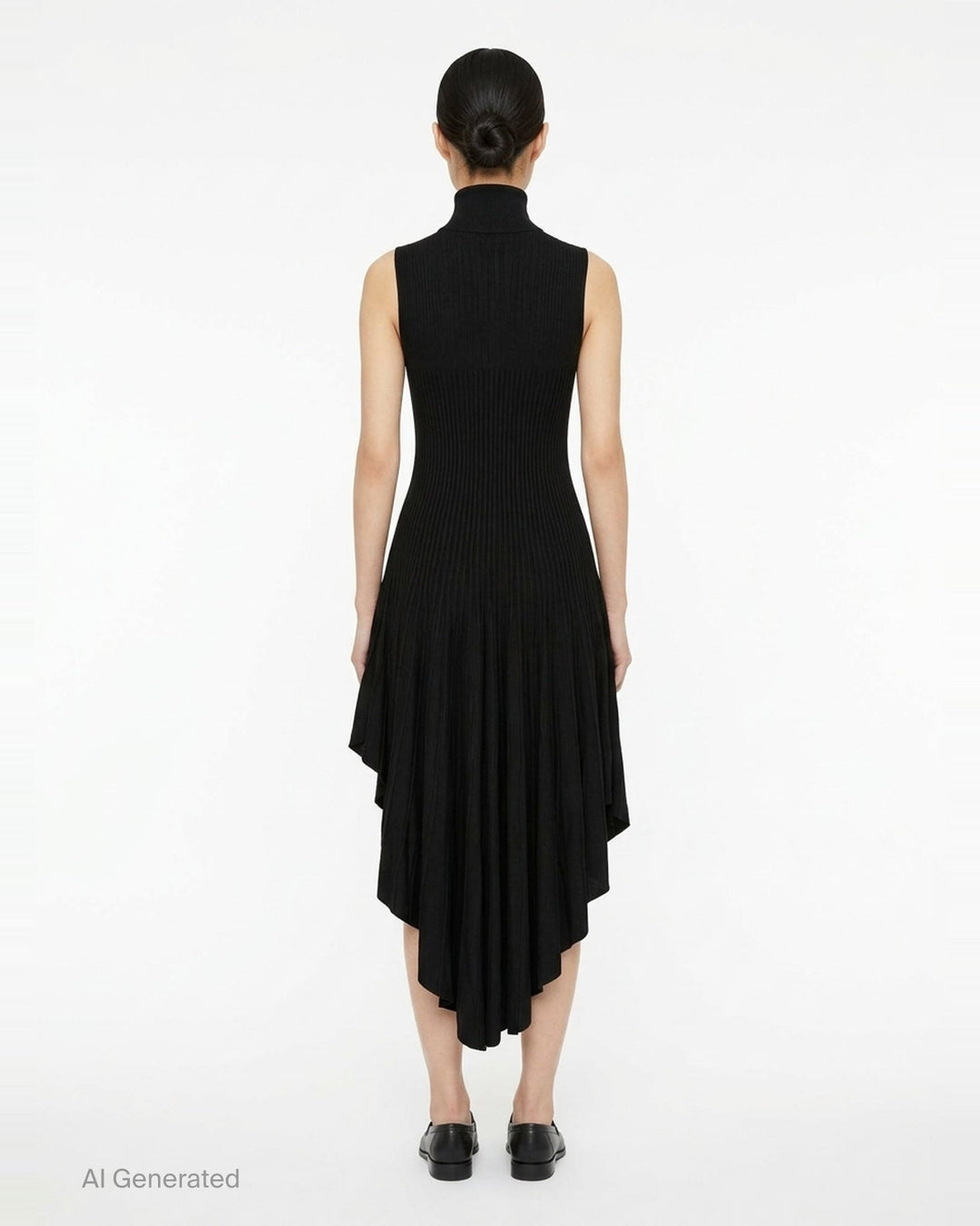 Alaïa black 3D sculpting ribbed knit turtleneck dress with asymmetric pleated handkerchief hem, front view on white background - back