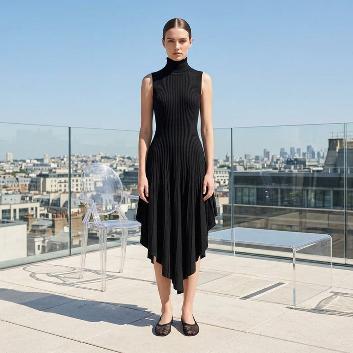 Alaïa black 3D sculpting ribbed knit turtleneck dress with asymmetric pleated handkerchief hem, front view on white background - lifestyle