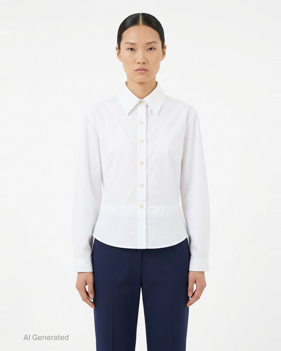 Alaïa Basque Cotton Poplin Shirt in white, featuring a sculpted waist seam, peplum hem, point collar, and mother-of-pearl button front fastening - front