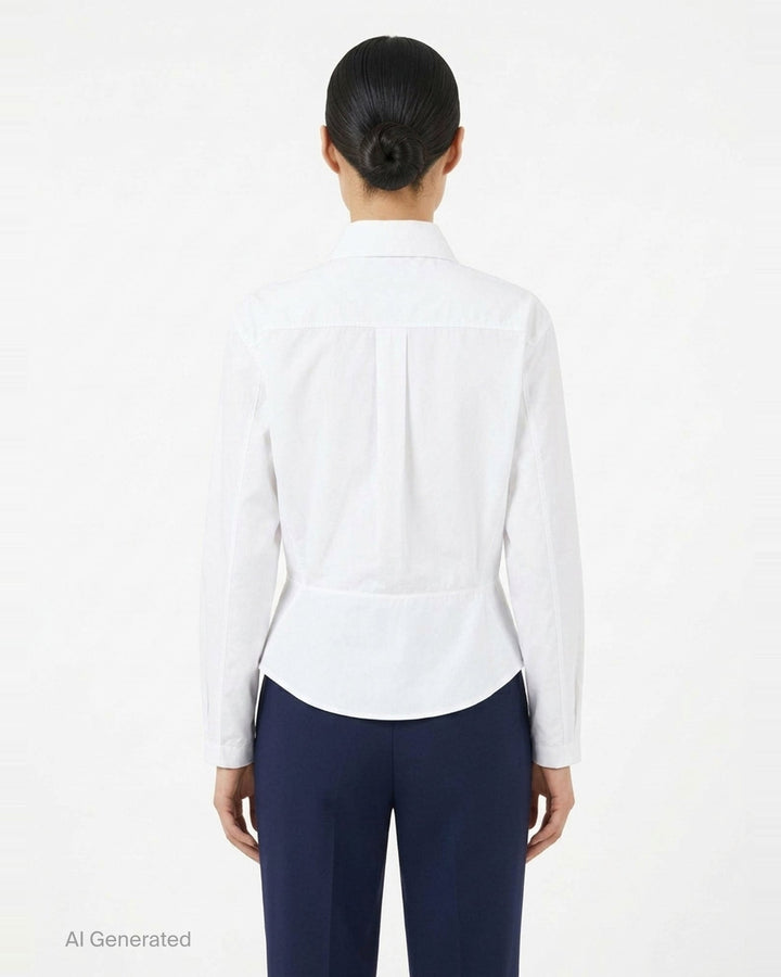 Alaïa Basque Cotton Poplin Shirt in white, featuring a sculpted waist seam, peplum hem, point collar, and mother-of-pearl button front fastening - back