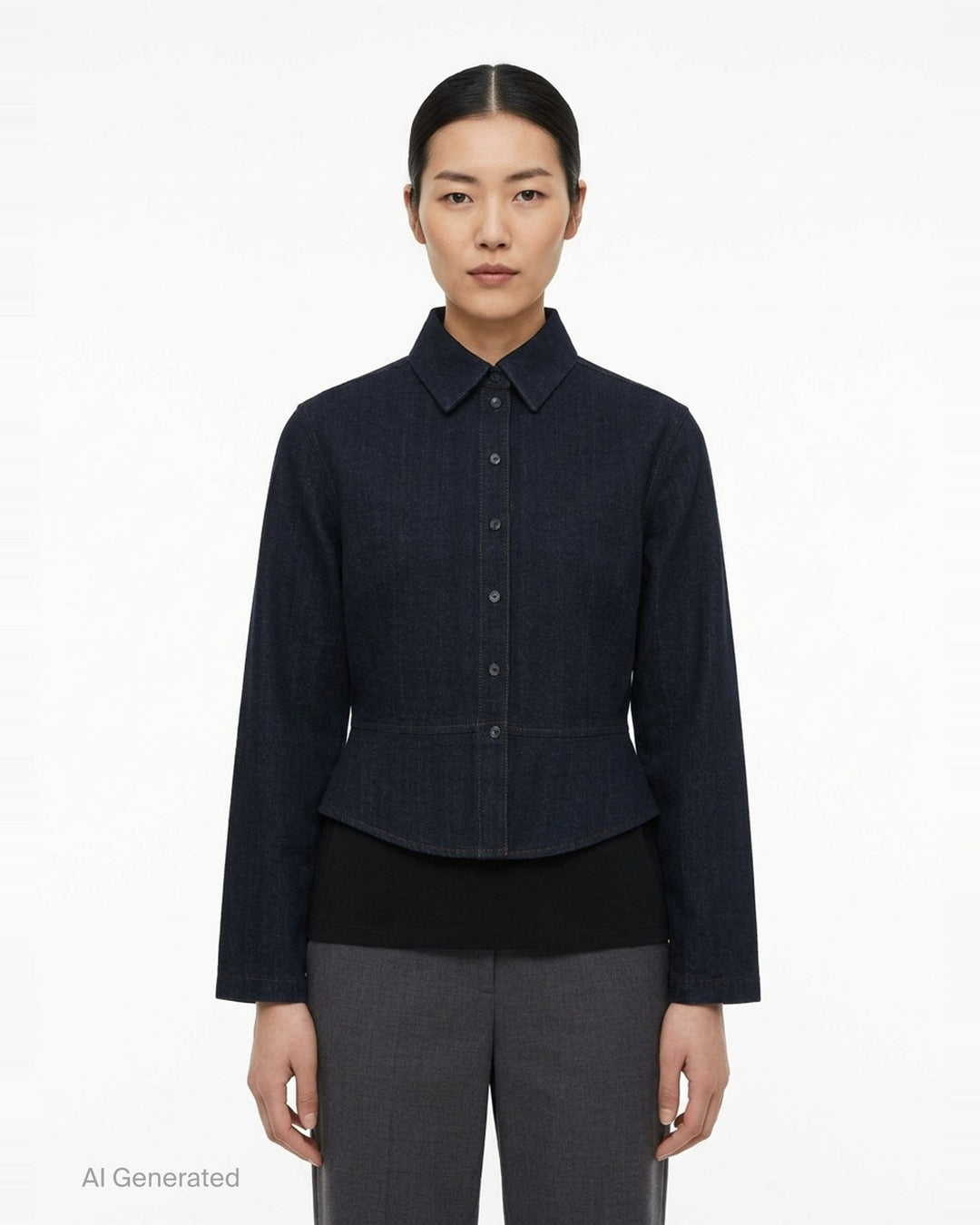 Alaïa Basque Shirt Wool Denim jacket in dark indigo, featuring a point collar, concealed button-front placket, structured basque waist seam, tonal contrast stitching, and a cropped curved hem — front view on white background - front