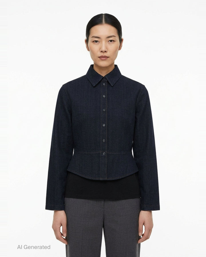 Alaïa Basque Shirt Wool Denim jacket in dark indigo, featuring a point collar, concealed button-front placket, structured basque waist seam, tonal contrast stitching, and a cropped curved hem — front view on white background - front