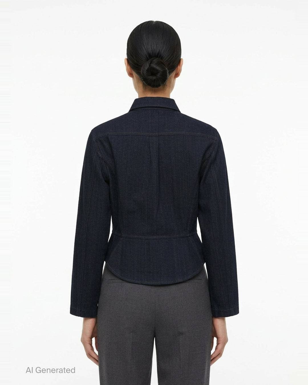 Alaïa Basque Shirt Wool Denim jacket in dark indigo, featuring a point collar, concealed button-front placket, structured basque waist seam, tonal contrast stitching, and a cropped curved hem — front view on white background - back