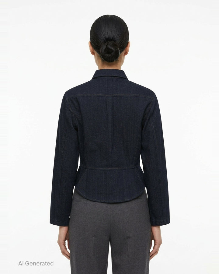 Alaïa Basque Shirt Wool Denim jacket in dark indigo, featuring a point collar, concealed button-front placket, structured basque waist seam, tonal contrast stitching, and a cropped curved hem — front view on white background - back
