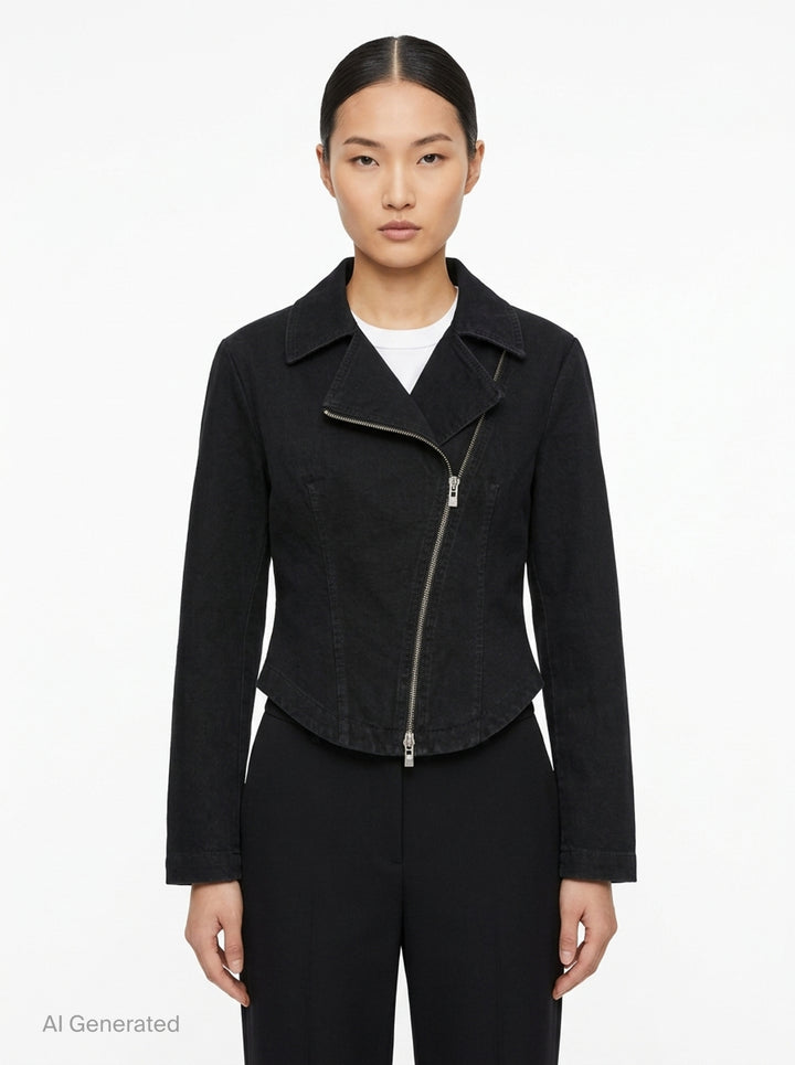 Alaïa Black Denim Biker Jacket with asymmetric silver-tone zip, corset seaming, and cropped curved hem, shown flat on white background - front