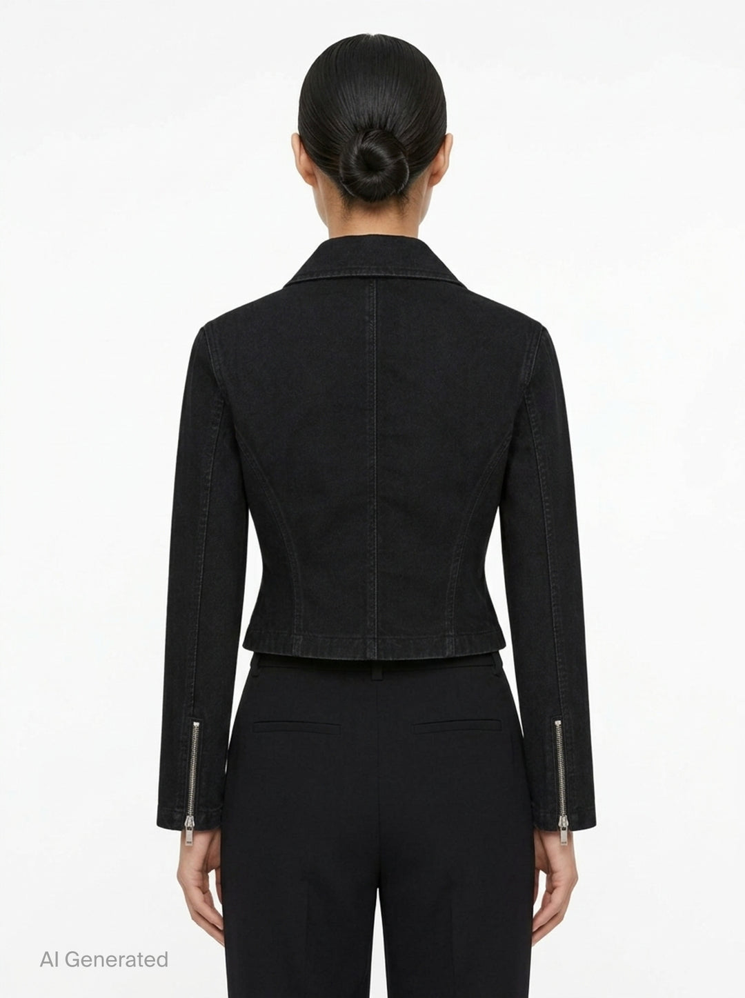 Alaïa Black Denim Biker Jacket with asymmetric silver-tone zip, corset seaming, and cropped curved hem, shown flat on white background - back