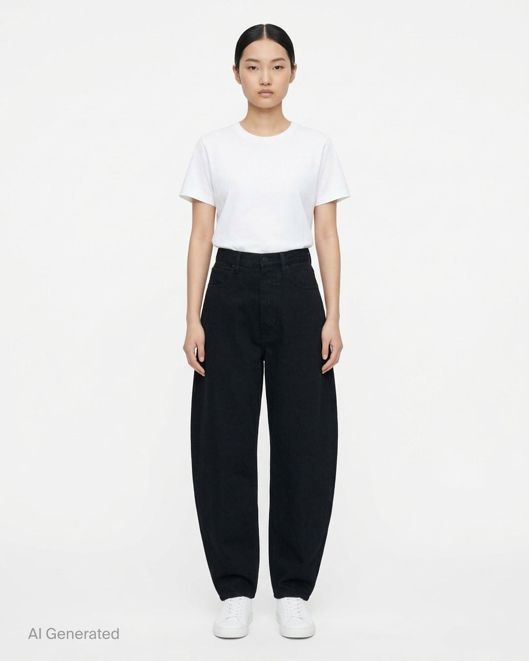Alaïa black denim round pants with a high waist, five-pocket design and sculpted curved leg, shown from the front - front