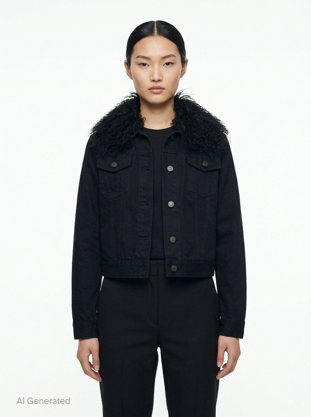 Alaïa Black Denim Trucker Jacket with curly black shearling collar, button-through front closure, twin chest flap pockets, and cropped silhouette on white background - front