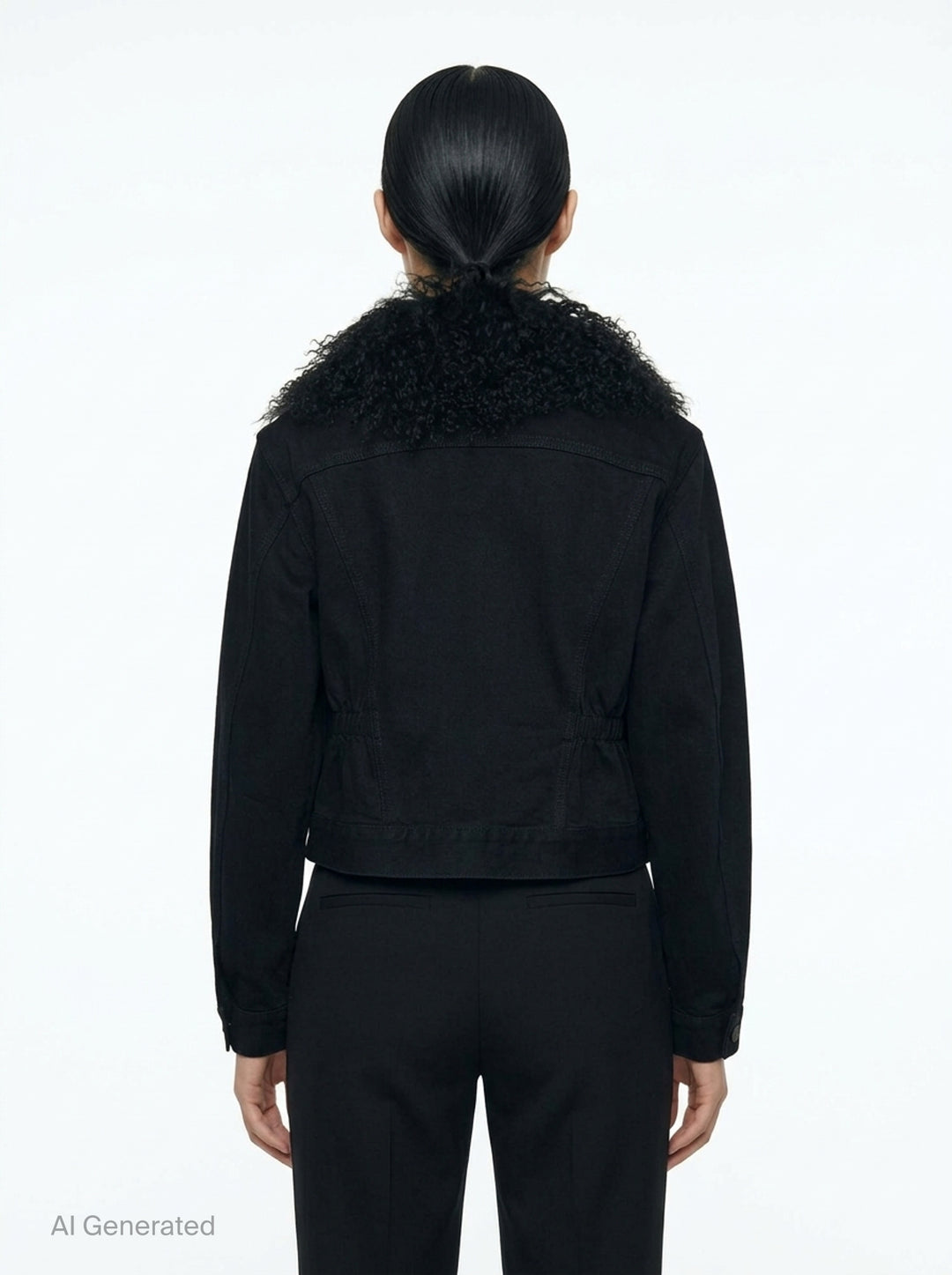 Alaïa Black Denim Trucker Jacket with curly black shearling collar, button-through front closure, twin chest flap pockets, and cropped silhouette on white background - back