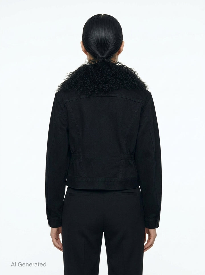 Alaïa Black Denim Trucker Jacket with curly black shearling collar, button-through front closure, twin chest flap pockets, and cropped silhouette on white background - back