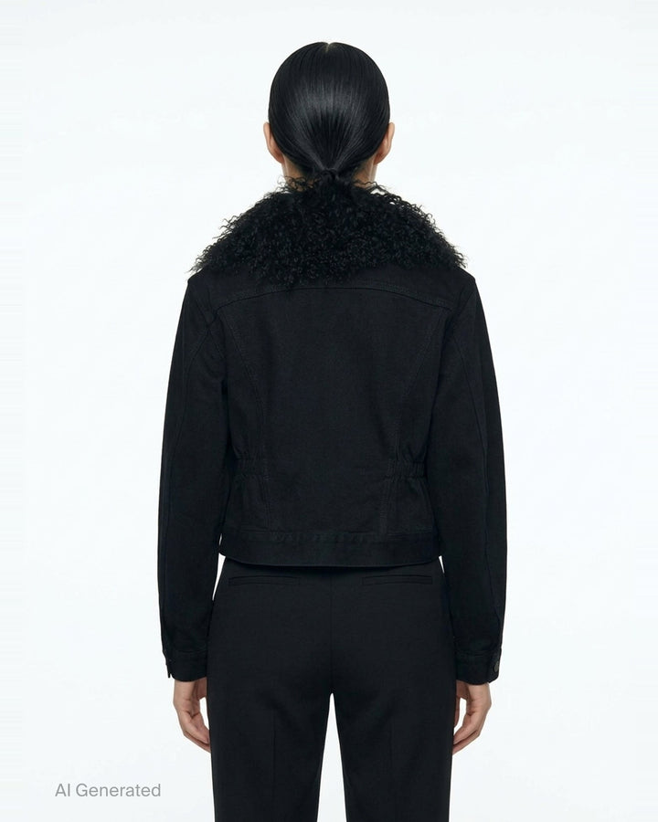 Alaïa Black Denim Trucker Jacket with curly black shearling collar, button-through front closure, twin chest flap pockets, and cropped silhouette on white background - back