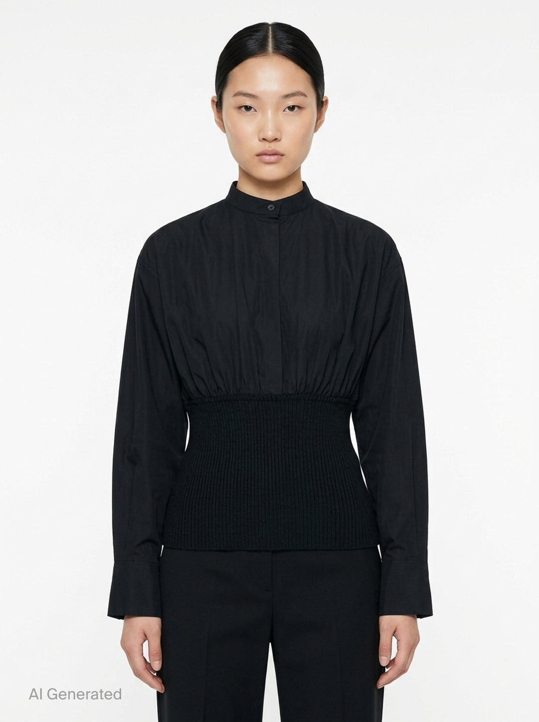 Alaïa Cinched Cotton Poplin Shirt in black, featuring a voluminous poplin upper, mandarin collar with button fastening, long sleeves, and a structured ribbed knit cinched waistband - front