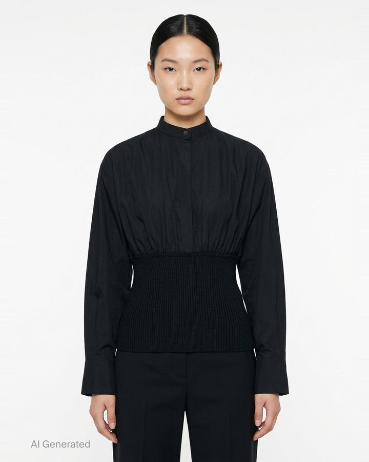 Alaïa Cinched Cotton Poplin Shirt in black, featuring a voluminous poplin upper, mandarin collar with button fastening, long sleeves, and a structured ribbed knit cinched waistband - front