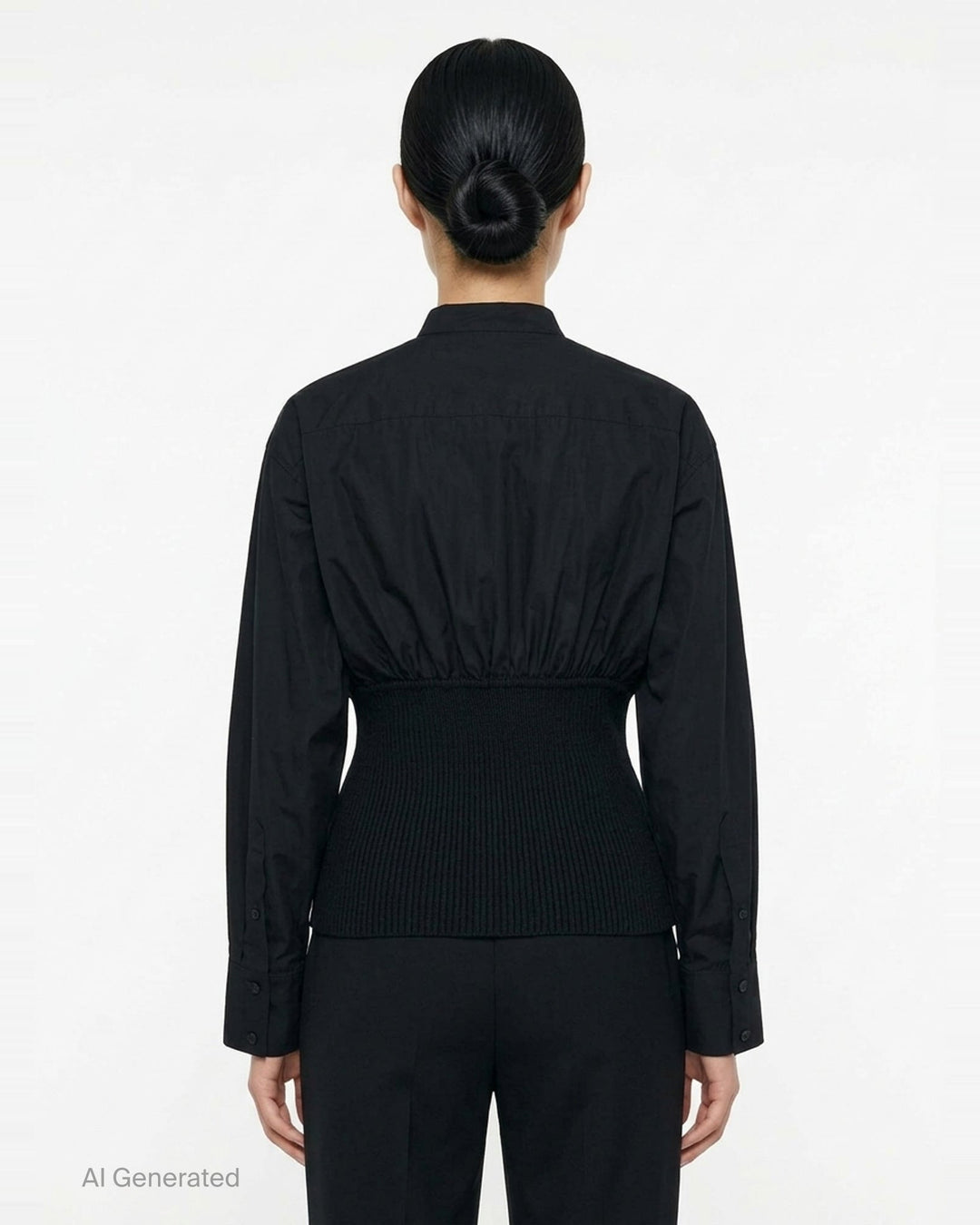 Alaïa Cinched Cotton Poplin Shirt in black, featuring a voluminous poplin upper, mandarin collar with button fastening, long sleeves, and a structured ribbed knit cinched waistband - back