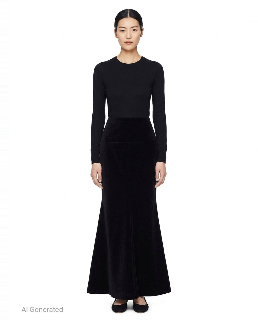 Alaïa black cotton velvet column maxi skirt with structured wide waistband, hip patch pockets, and a subtle flare at the hem, shown on a white background - front