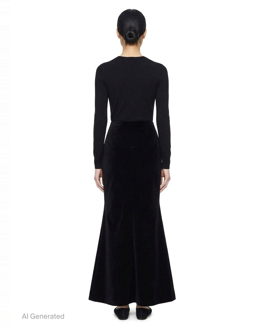 Alaïa black cotton velvet column maxi skirt with structured wide waistband, hip patch pockets, and a subtle flare at the hem, shown on a white background - back