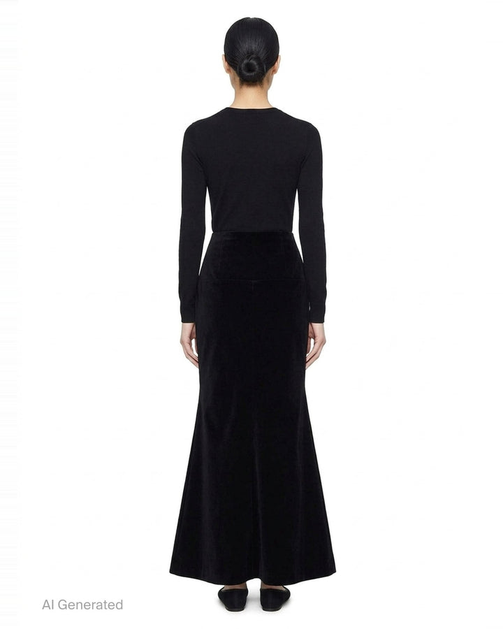 Alaïa black cotton velvet column maxi skirt with structured wide waistband, hip patch pockets, and a subtle flare at the hem, shown on a white background - back