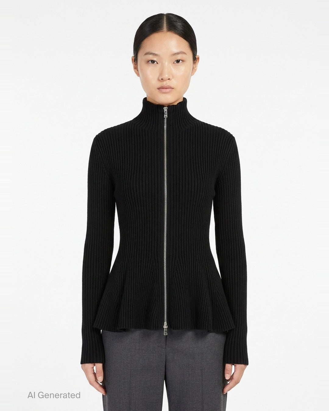 Alaïa Engineered Rib Peplum Cardigan in black with full-length silver zip, high mock neck, and flared peplum hem - front