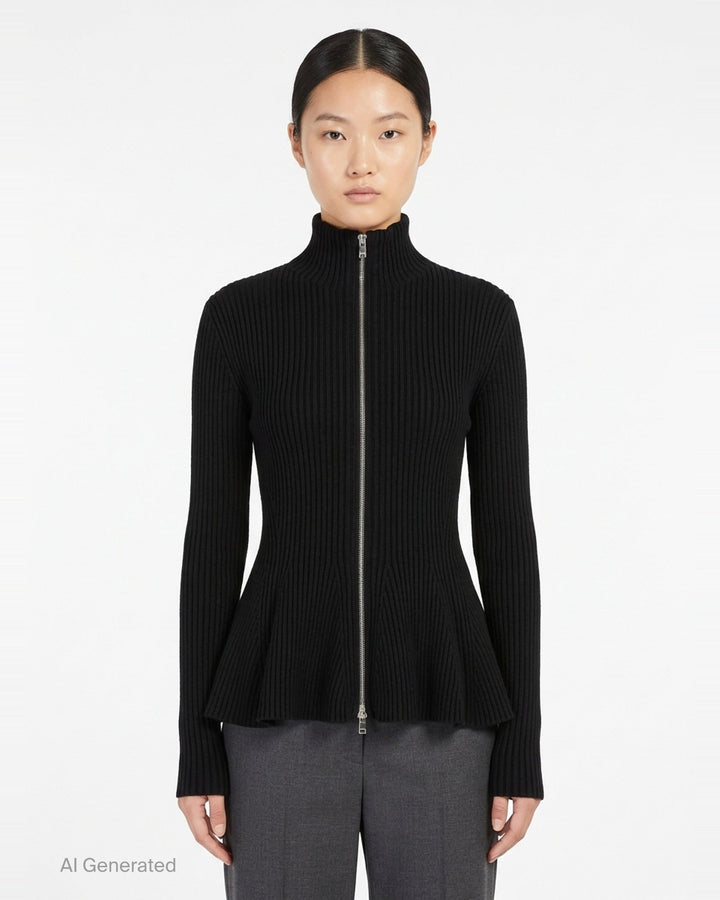 Alaïa Engineered Rib Peplum Cardigan in black with full-length silver zip, high mock neck, and flared peplum hem - front