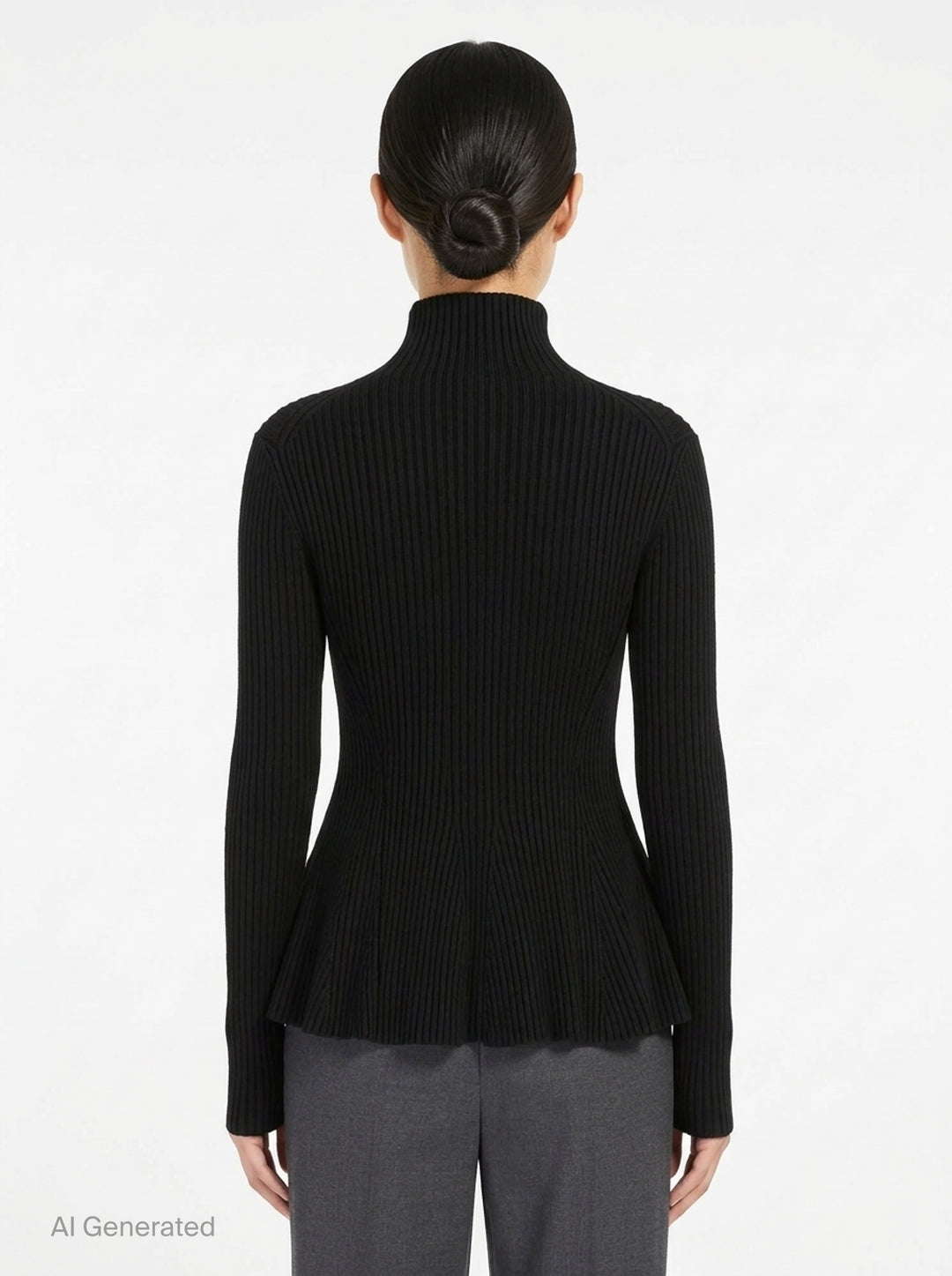 Alaïa Engineered Rib Peplum Cardigan in black with full-length silver zip, high mock neck, and flared peplum hem - back