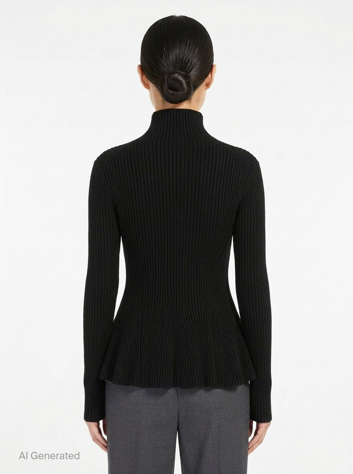 Alaïa Engineered Rib Peplum Cardigan in black with full-length silver zip, high mock neck, and flared peplum hem - back