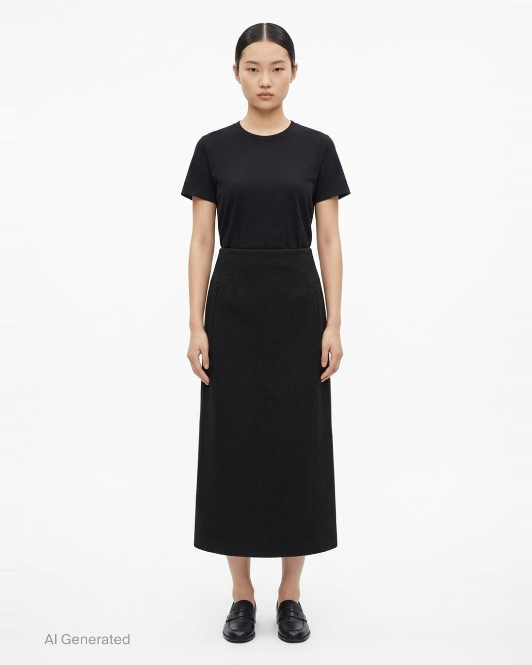 Alaïa black light felted wool pencil skirt with high waistband, zip-detail side pockets, and a midi-length A-line silhouette - front