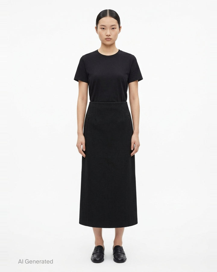 Alaïa black light felted wool pencil skirt with high waistband, zip-detail side pockets, and a midi-length A-line silhouette - front