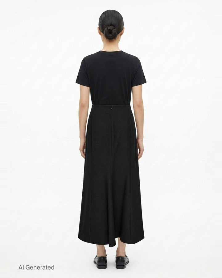 Alaïa black light felted wool pencil skirt with high waistband, zip-detail side pockets, and a midi-length A-line silhouette - back