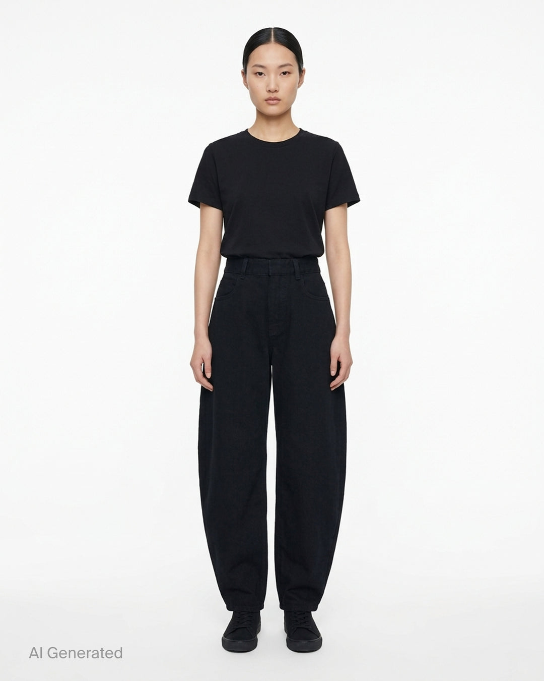 Alaïa round black denim jeans with a high waist and sculpted curved leg, shown front view - front
