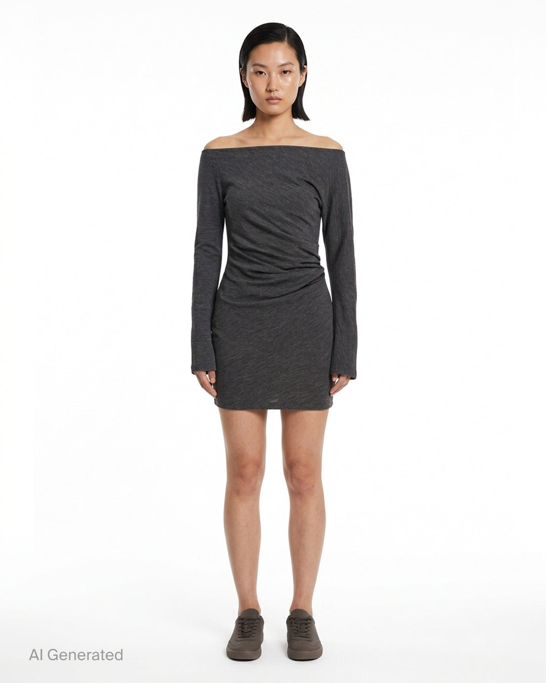 Alexander Wang asymmetric drape long sleeve mini dress in heathered charcoal jersey with off-shoulder neckline and ruched waist - front