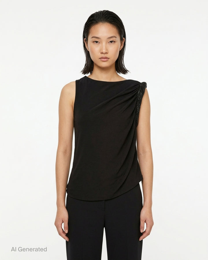 Alexander Wang black sleeveless one-shoulder top with gathered twist detail and hotfix embellished trim - front