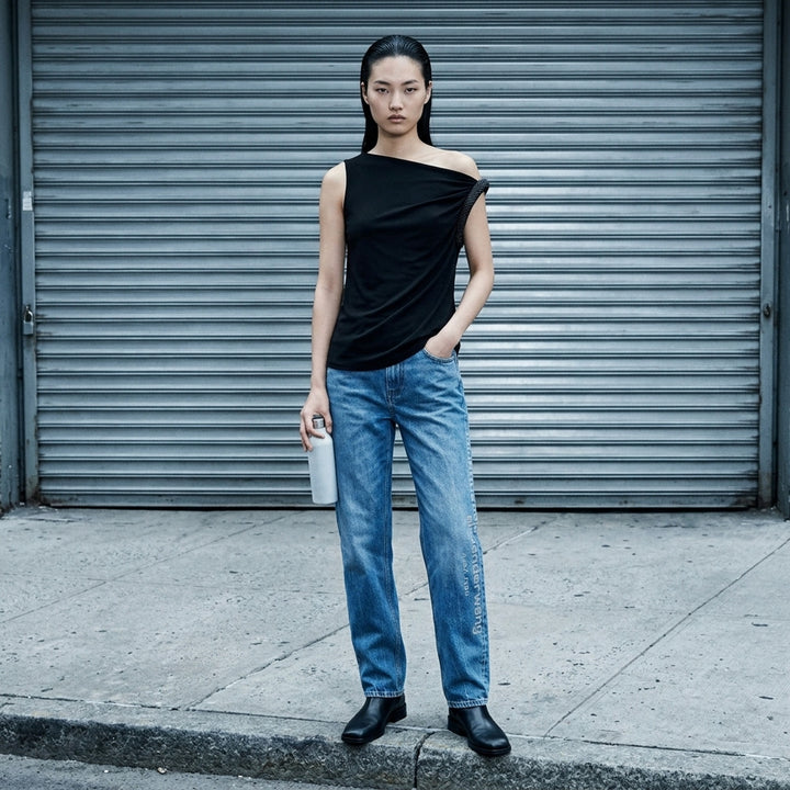 Alexander Wang black sleeveless one-shoulder top with gathered twist detail and hotfix embellished trim - lifestyle
