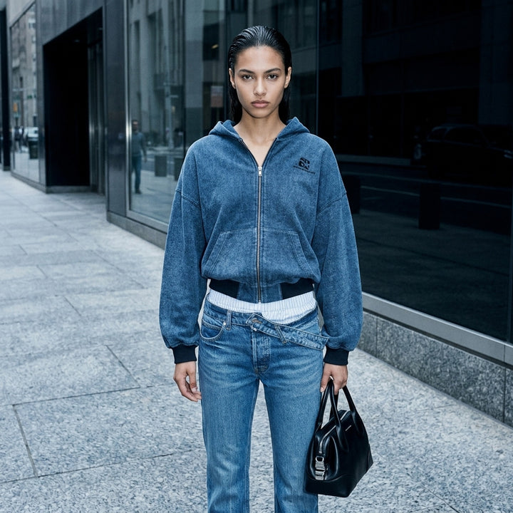 Alexander Wang oversized zip-up hoodie in washed indigo brushed denim with ribbed navy cuffs and hem, front pockets and embroidered chest logo - lifestyle