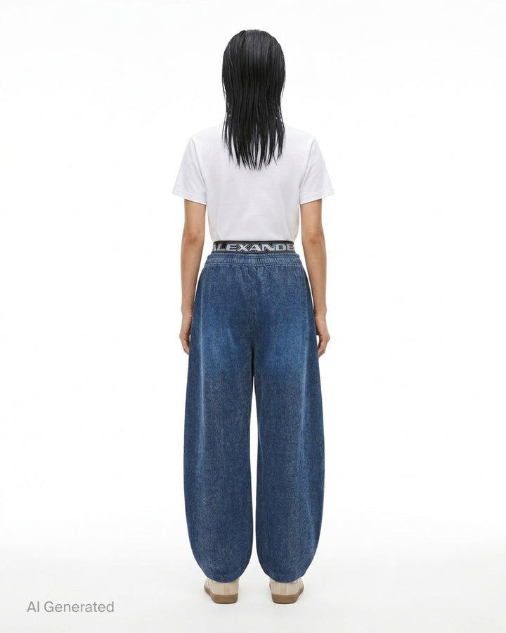 Alexander Wang brushed denim sweatpants in faded blue with a layered logo elastic waistband and curved balloon leg - back