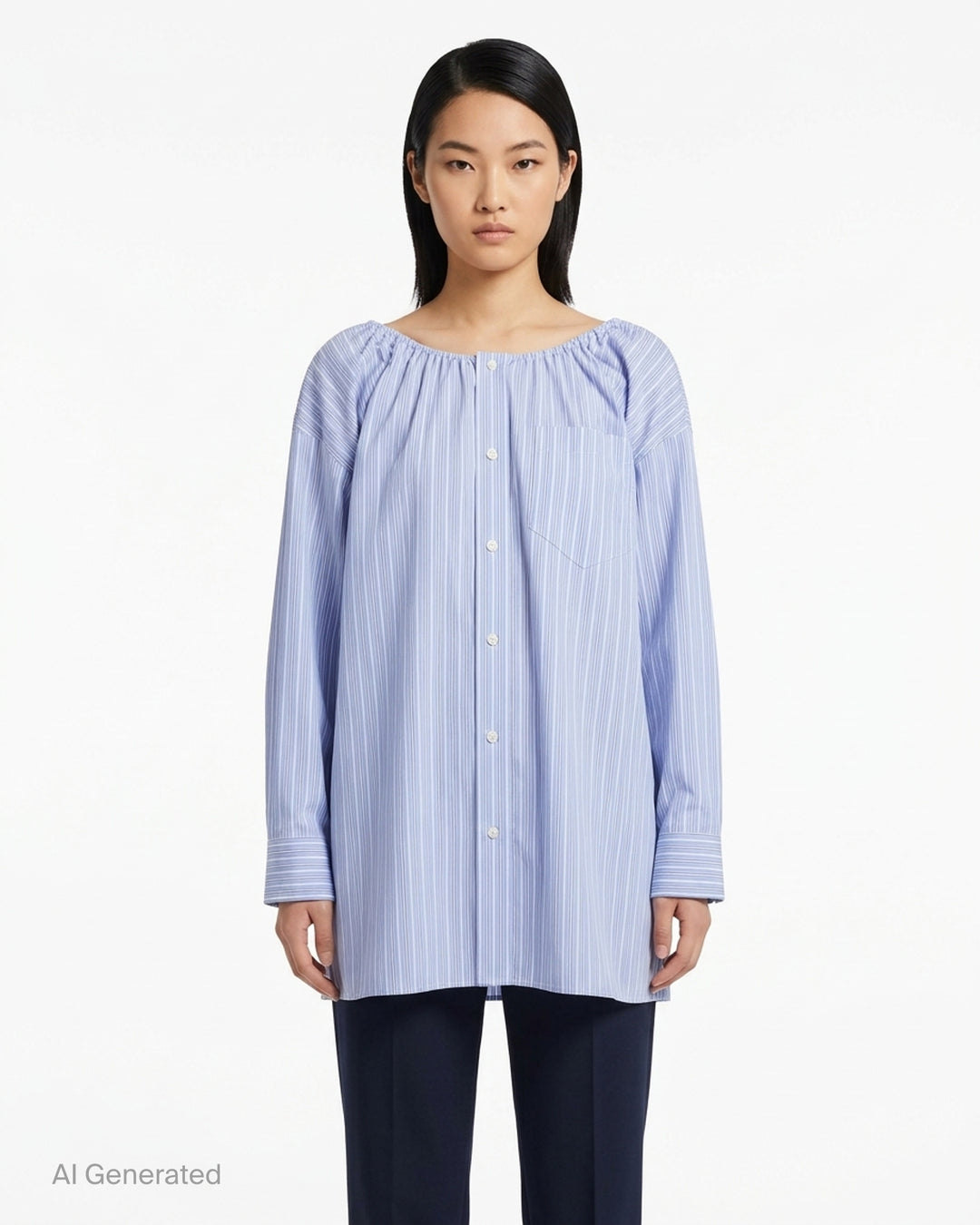 Alexander Wang blue and white pinstripe oversized shirt dress, back view, featuring a gathered scoop neckline, pleated back yoke, and long sleeves with buttoned cuffs - front
