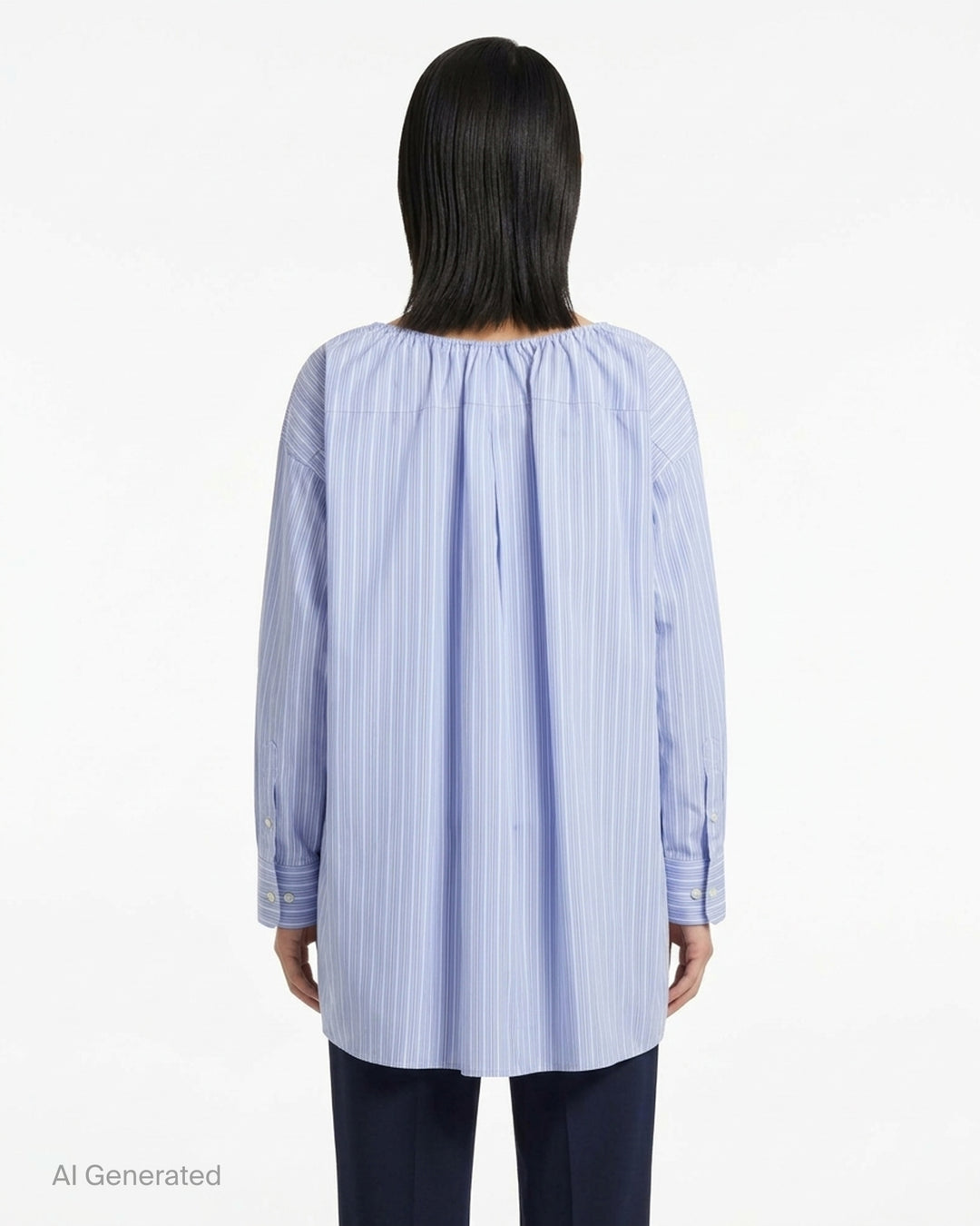 Alexander Wang blue and white pinstripe oversized shirt dress, back view, featuring a gathered scoop neckline, pleated back yoke, and long sleeves with buttoned cuffs - back