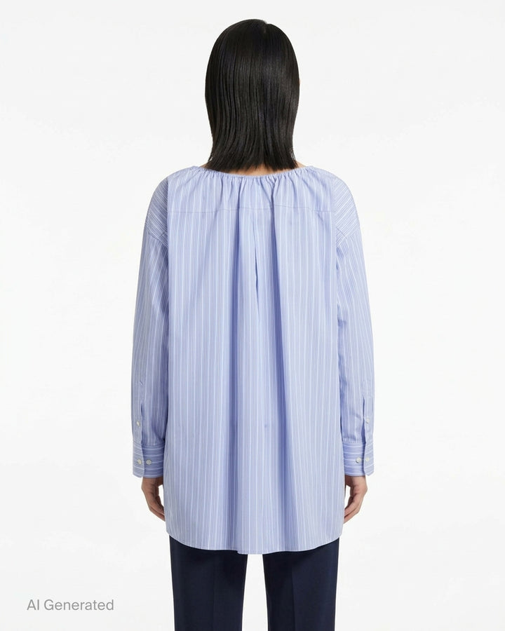 Alexander Wang blue and white pinstripe oversized shirt dress, back view, featuring a gathered scoop neckline, pleated back yoke, and long sleeves with buttoned cuffs - back