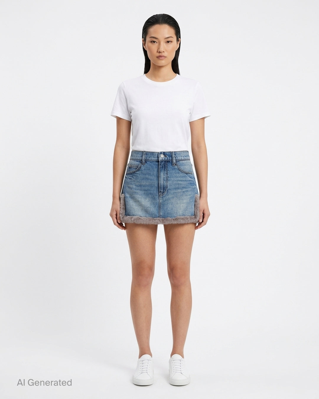 Alexander Wang washed blue denim mini skirt with faux mink trim along the hem and side vents, shown from the front - front
