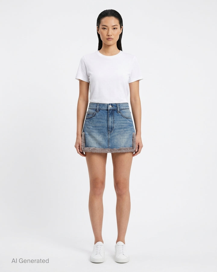 Alexander Wang washed blue denim mini skirt with faux mink trim along the hem and side vents, shown from the front - front