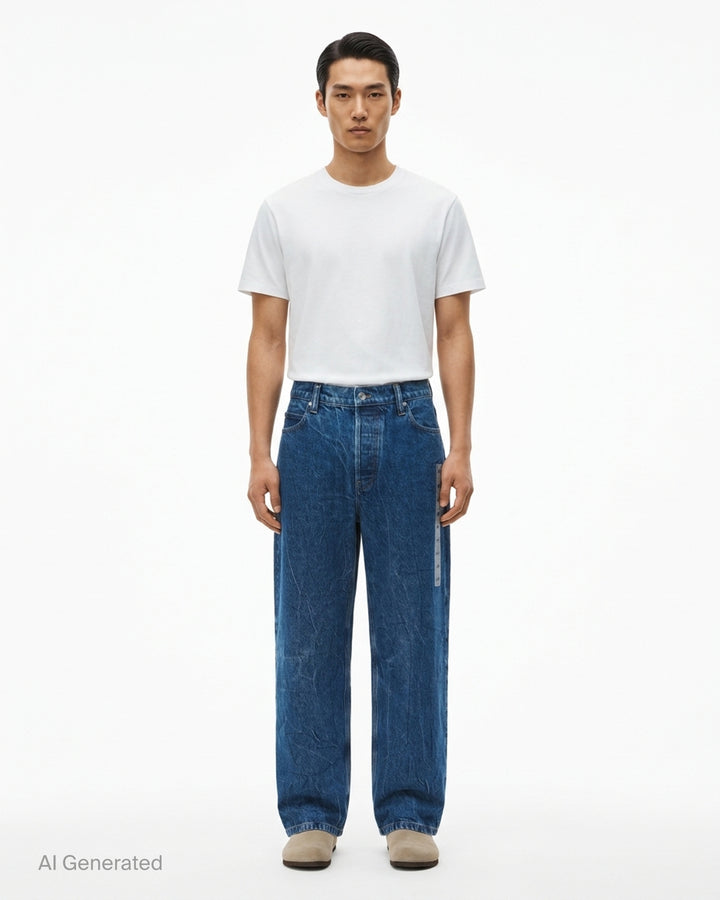 Alexander Wang unisex wide-leg jeans in crinkled mid-blue denim with a woven AW monogram flasher at the hip - front