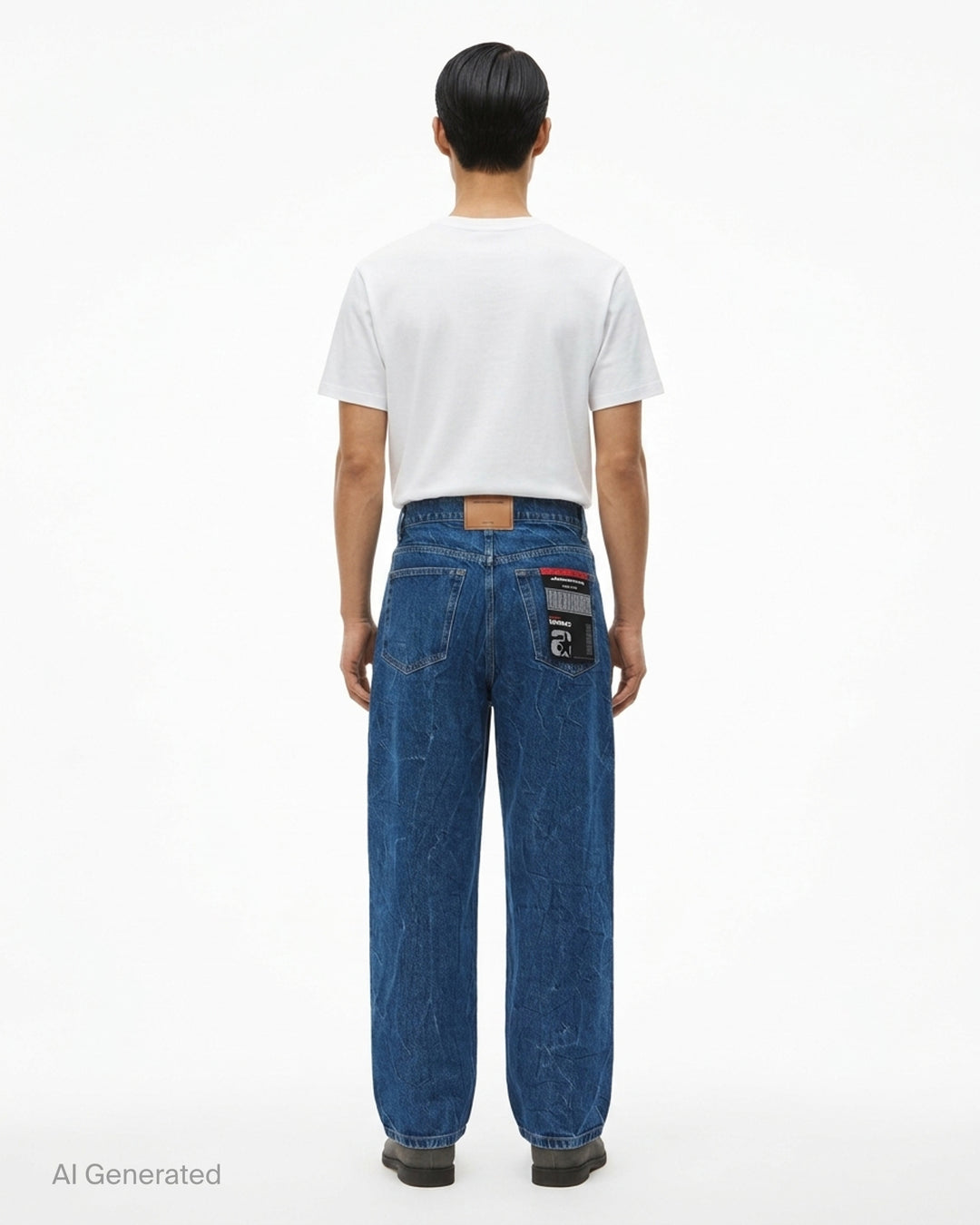 Alexander Wang unisex wide-leg jeans in crinkled mid-blue denim with a woven AW monogram flasher at the hip - back