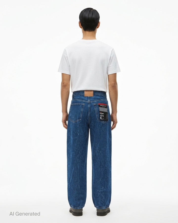 Alexander Wang unisex wide-leg jeans in crinkled mid-blue denim with a woven AW monogram flasher at the hip - back